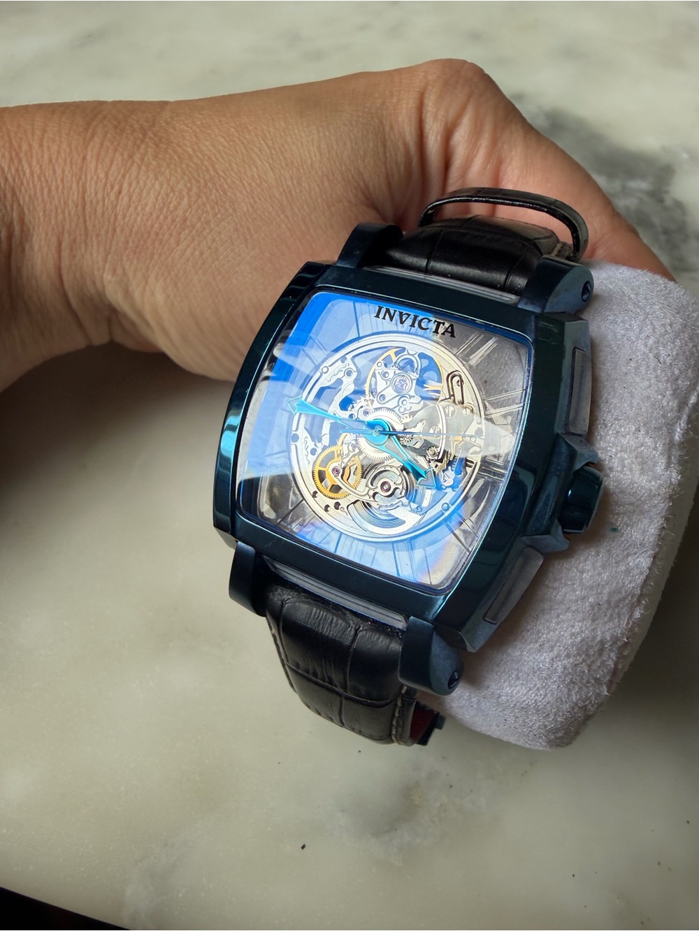 Invicta Men's Blue-Tone Skeleton Dial Automatic Watch with Black Leather Strap - Picture 5 of 10